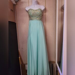 Strapless Mint Green Gown with Gold Embellishments